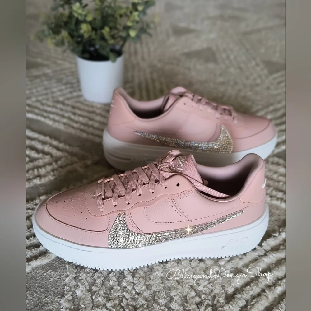 Womens Pink Nike Air Force 1 Platform Sneakers Shoes made with Crystals